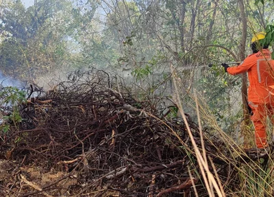 Equipe do Corpo de Bombeiros contendo as chamas no campus da UFPI