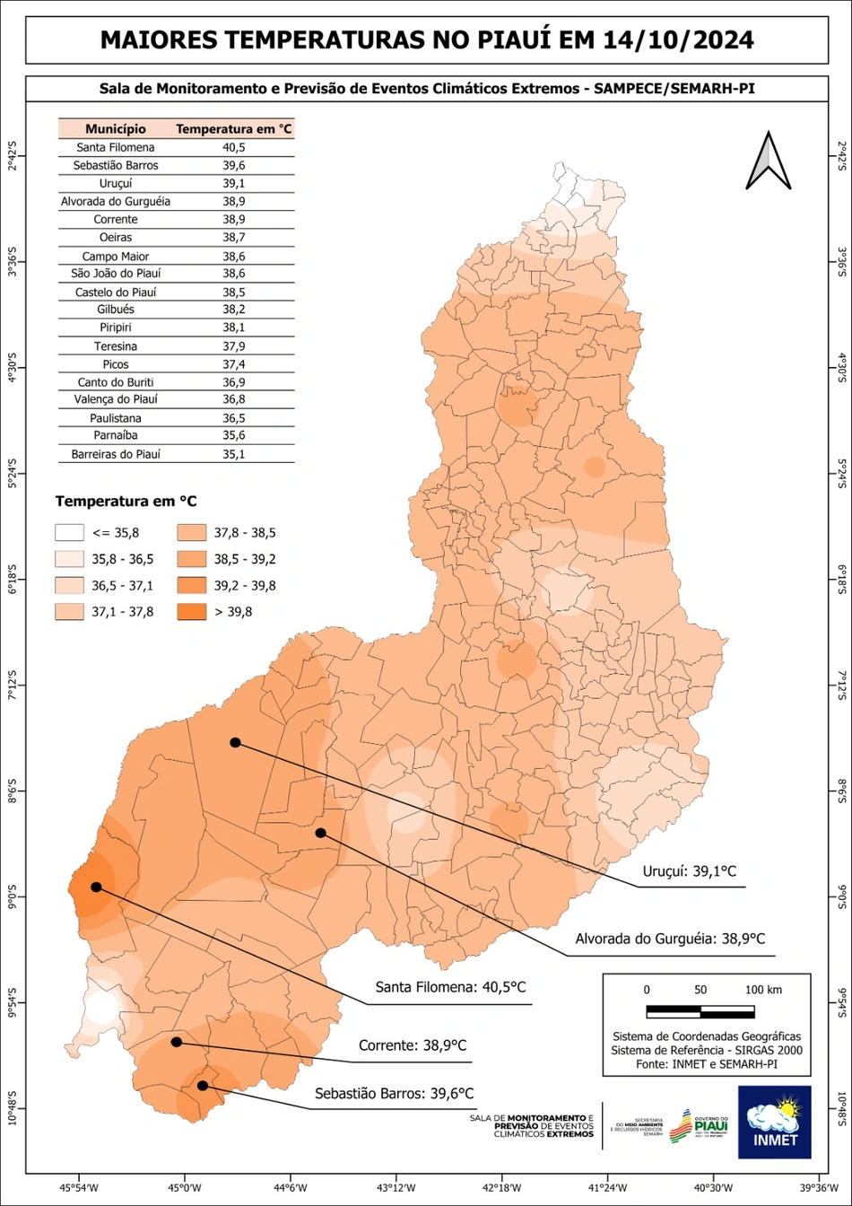 Mapa com as maiores temperaturas do Piauí no dia 14 de outubro