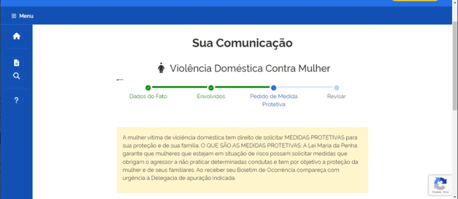 Pedido de medida protetiva no site da Delegacia Virtual