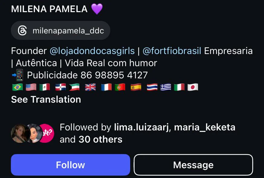 Perfil no Instagram da influencer e empresário Milena Pâmela