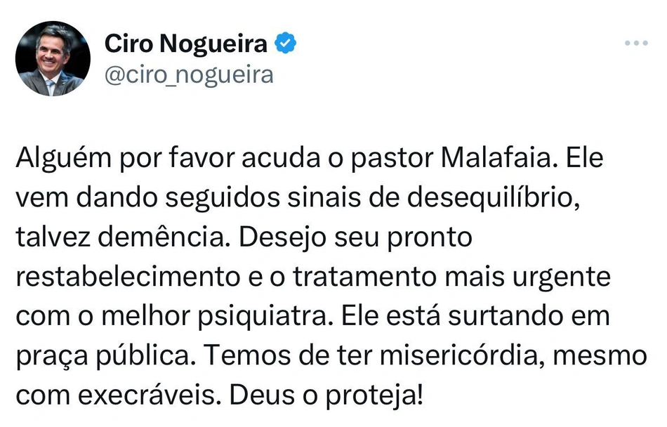 Tweet de Ciro Nogueira sobre Silas Malafaia