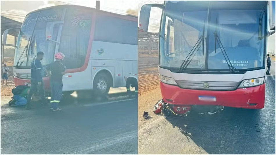 O ônibus passou por cima do motoqueiro, próximo ao posto Vallen