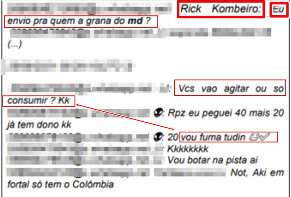 Parte do diálogo entre Ricardo Rato ou Rick Kombeiro, negociando drogas sintéticas