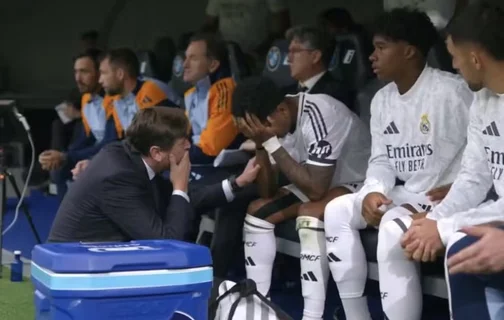 Rodrygo chorando no banco após se machucar