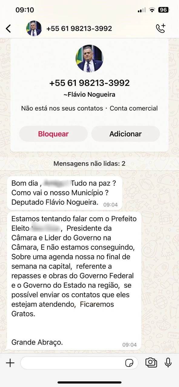 Criminosos criaram perfil falso do deputado federal Flávio Nogueira (PT-PI) no WhatsApp