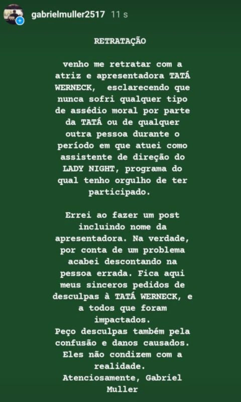 Gabriel Muller, ex-assistente de direção do Lady Night, voltou atrás nas acusações de assédio moral contra Tatá Werneck