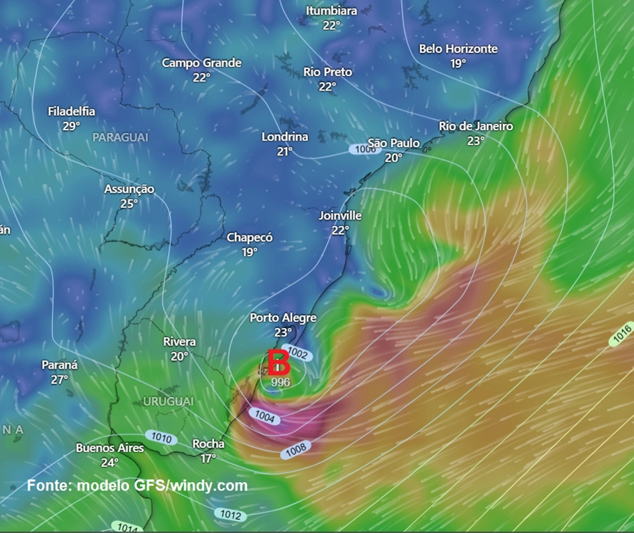 Possibilidade de formação de ciclone subtropical na costa do Sul do Brasil