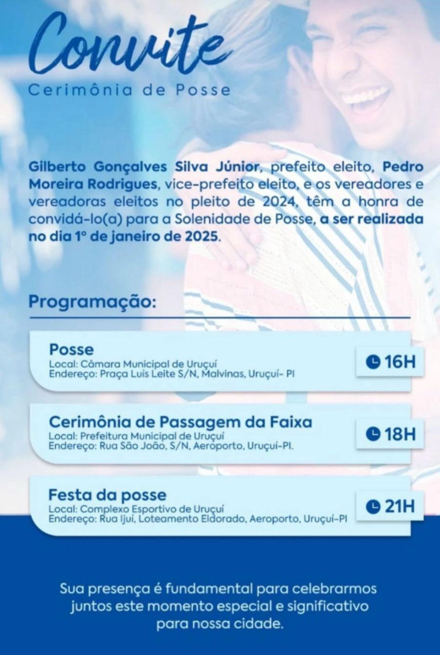 Programação de posse do prefeito eleito Dr. Gilberto Jr