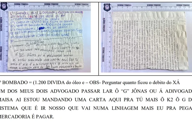 Transcrição da carta em que um dos detentos cita os advogados Jonas e Maysa