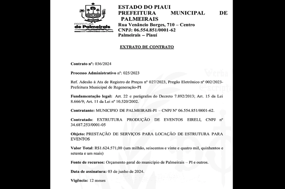 Contrato firmado pela Prefeitura de Palmeirais