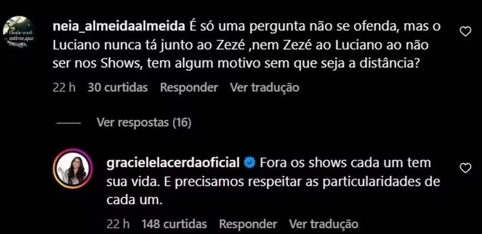 Graciele Lacerda se pronunciou sobre rumores de uma briga entre Zezé e Luciano