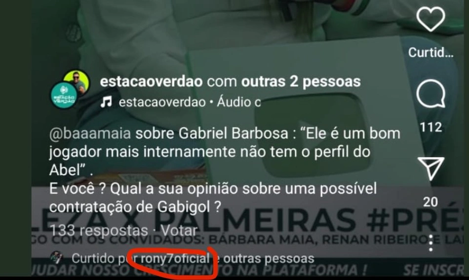 Rony curte postagem que critica possível ida de Gabigol ao Palmeiras