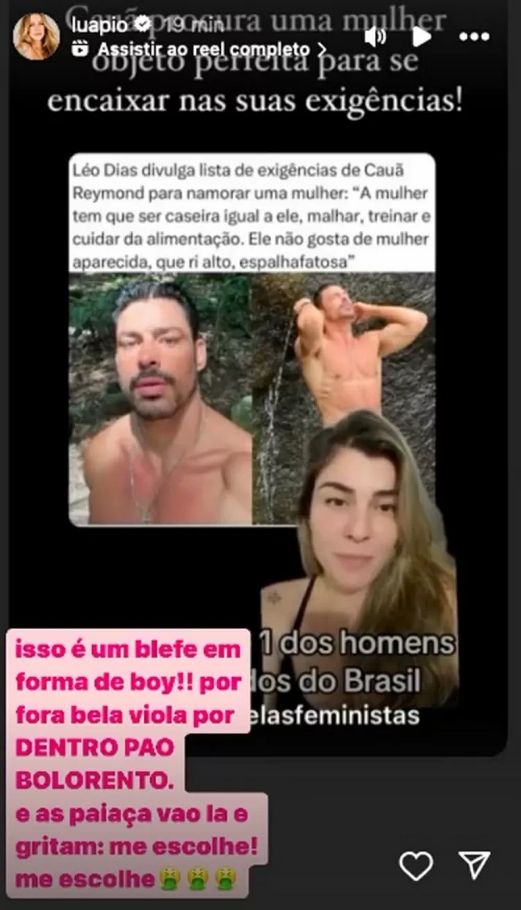 Stories de Luana Piovani criticando Cauã Reymold