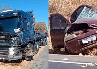 Fiat Palio ficou totalmente destruído após colidir contra carreta