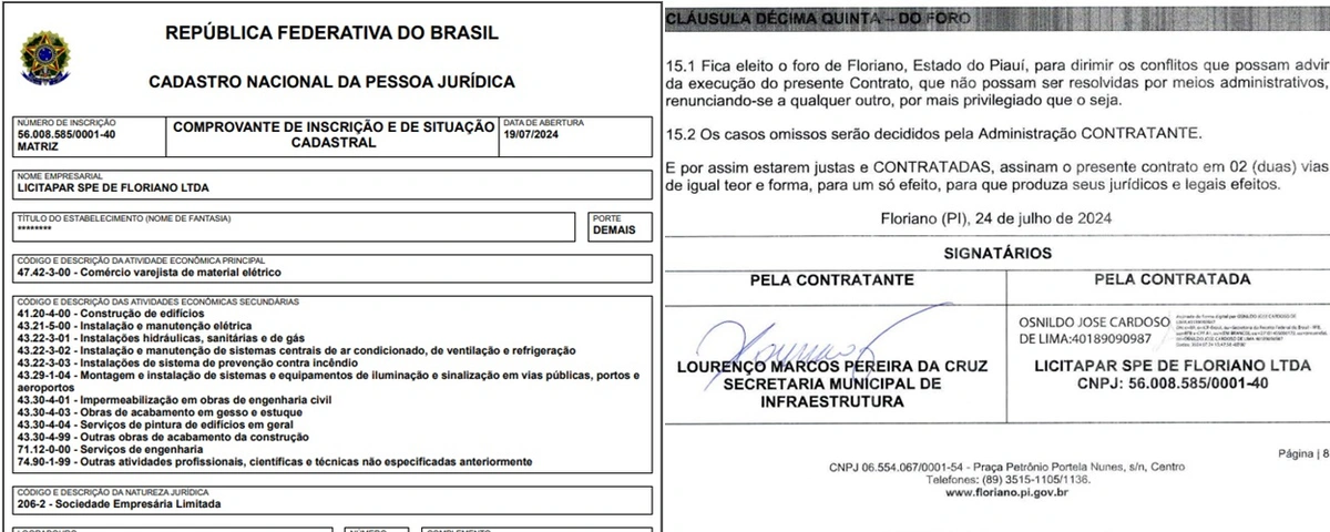 Dados cadastrais da empresa e assinatura do contrato com a Prefeitura de Floriano