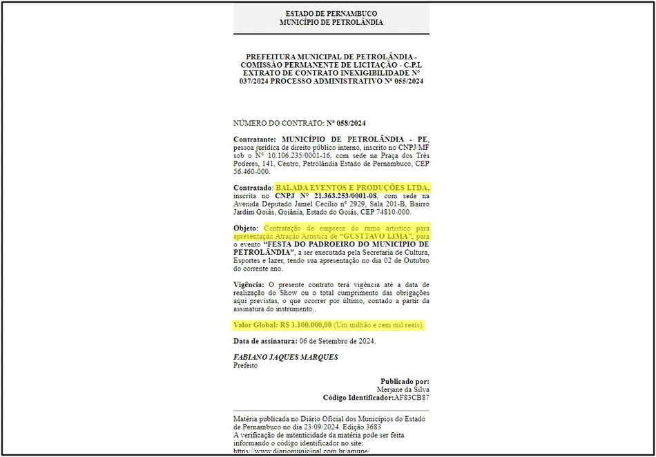 Extrato do contrato do show de Gusttavo Lima