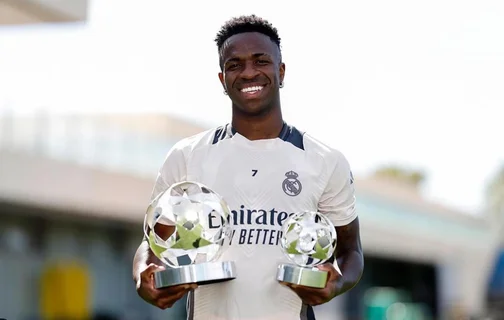 Vinicius Júnior recebe o prêmio de melhor jogador da Champions League da Europa