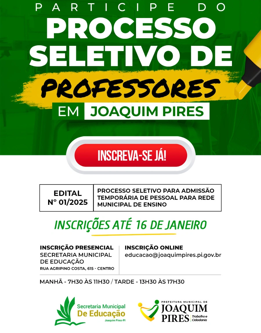 A Prefeitura Municipal de Joaquim Pires publicou o edital para o Processo Seletivo Simplificado