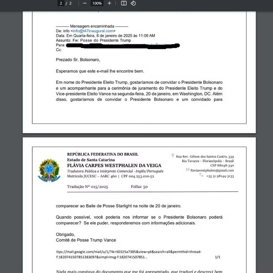 Documento enviado a Moraes pela defesa de Bolsonaro: convite por e-mail é tradição no processo norte-americano