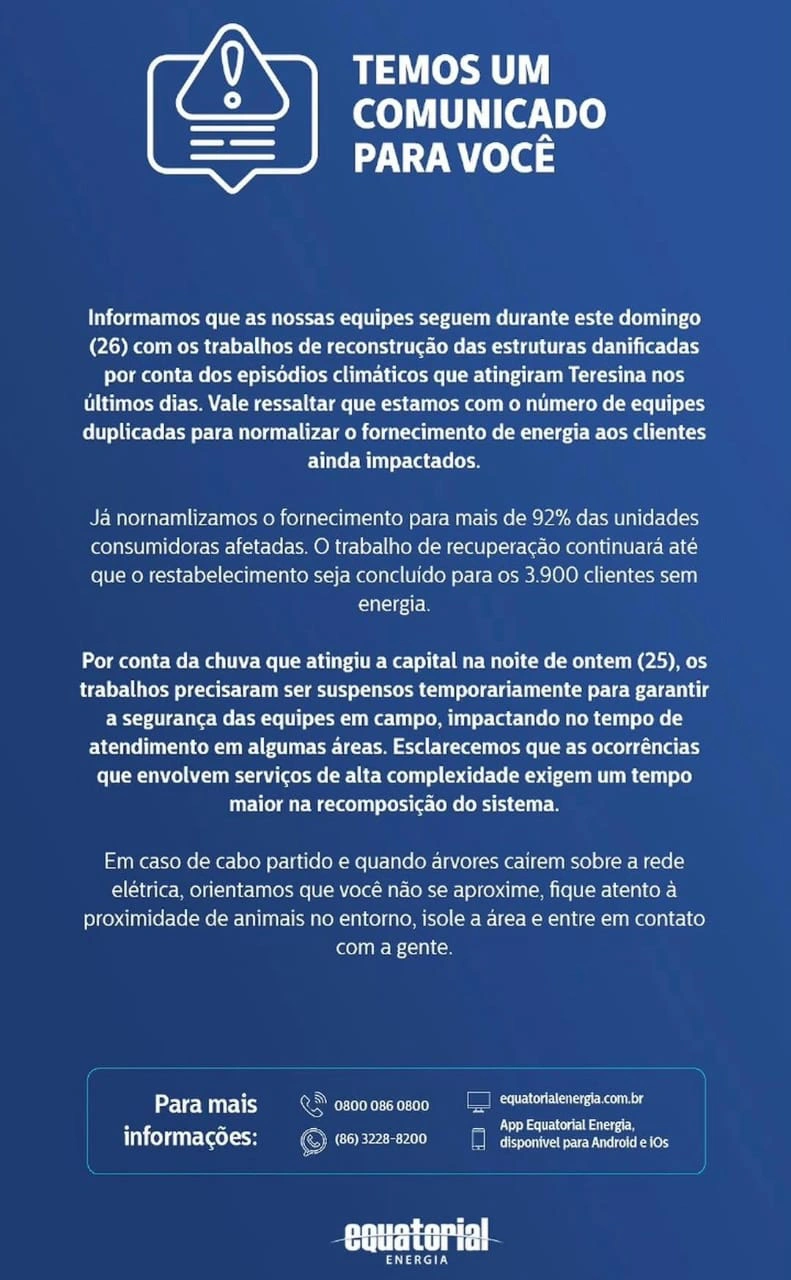 Equatorial diz que 3.900 locais seguem sem energia em Teresina neste domingo (26)