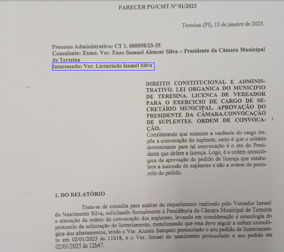 Parecer técnico da Câmara Municipal de Teresina após abertura de processo por parte de Ismael Silva