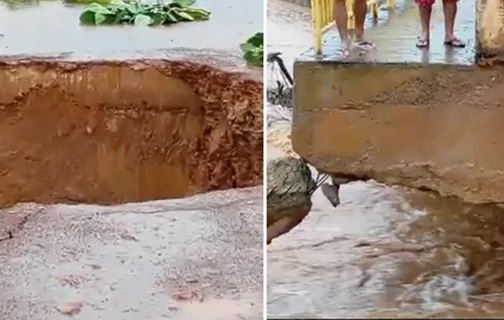 Parte de ponte na cidade de São Luís do Piauí cede após fortes chuvas