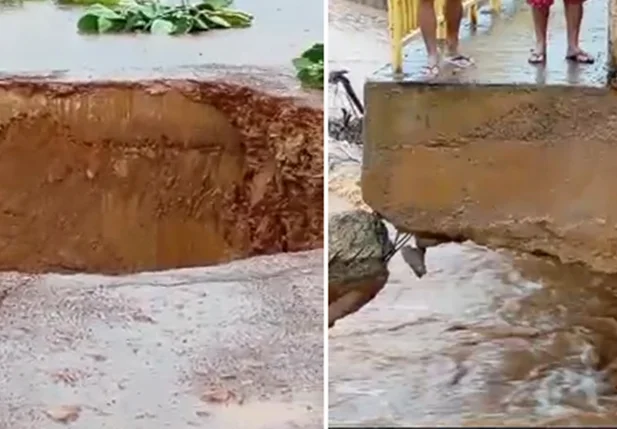 Parte de ponte na cidade de São Luís do Piauí cede após fortes chuvas