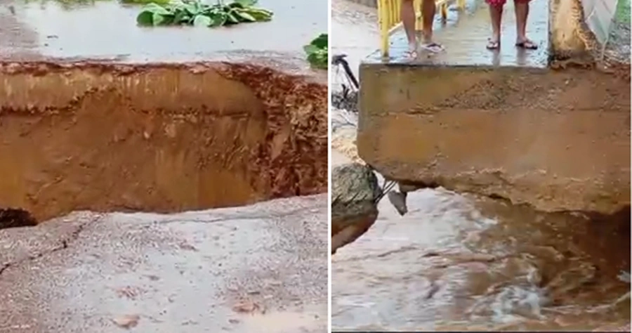 Parte de ponte na cidade de São Luís do Piauí cede após fortes chuvas