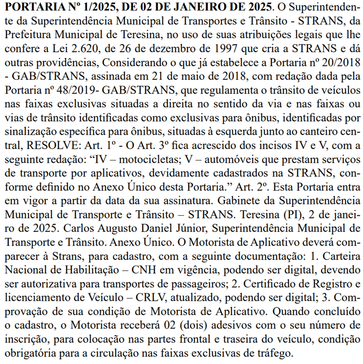 Portaria nº 01/2025, da STRANS, publicada nessa quinta-feira (02)