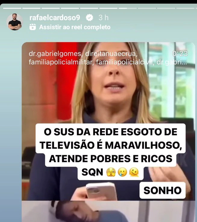 Storie de Rafael Cardoso criticando a Globo