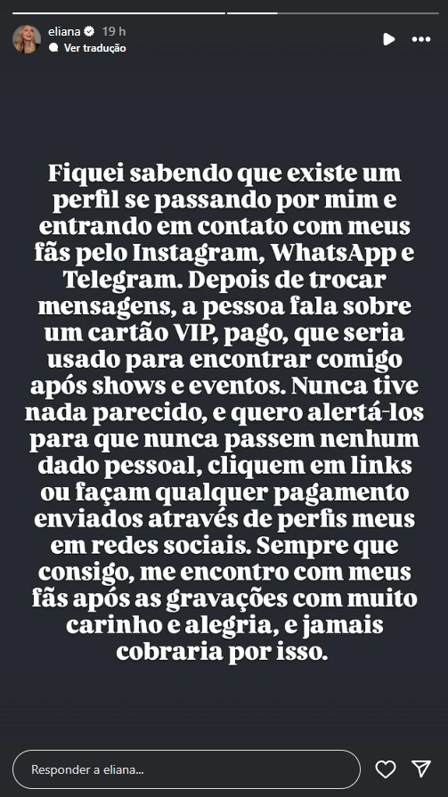 Stories de Eliana sobre o caso