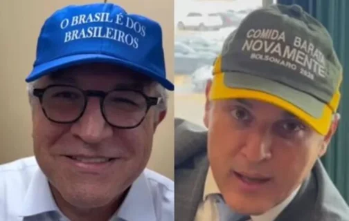 Bonés azuis usados por ministros de Lula e bonés em verde e amarelo usados por apoiadores de Bolsonaro