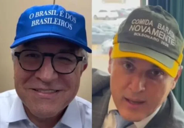 Bonés azuis usados por ministros de Lula e bonés em verde e amarelo usados por apoiadores de Bolsonaro