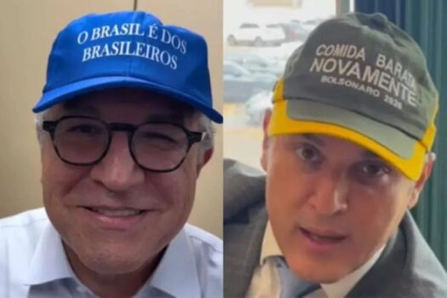 Bonés azuis usados por ministros de Lula e bonés em verde e amarelo usados por apoiadores de Bolsonaro