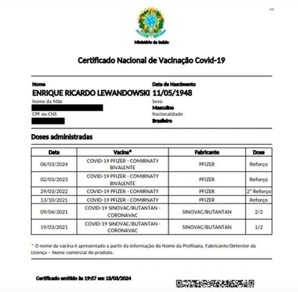 Cartão de vacina do ministro Ricardo Lewandowski