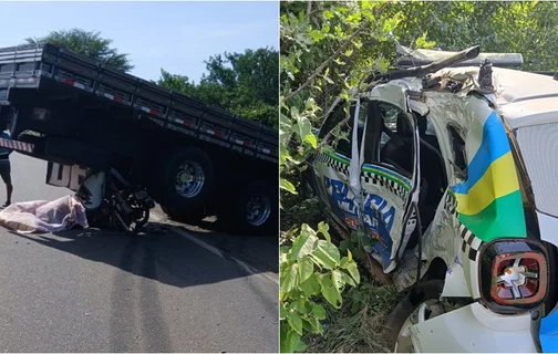 Colisão entre viatura da PM, caminhão e moto deixa dois mortos no Piauí