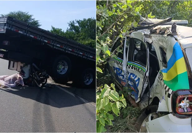 Colisão entre viatura da PM, caminhão e moto deixa dois mortos no Piauí