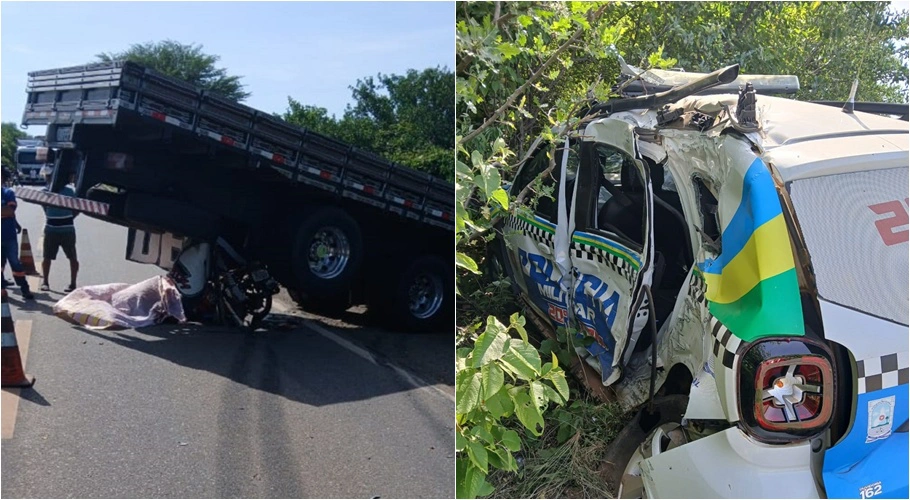 Colisão entre viatura da PM, caminhão e moto deixa dois mortos no Piauí