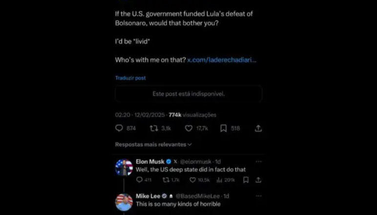 Diálogo no X entre Musk e o senador Mike Lee