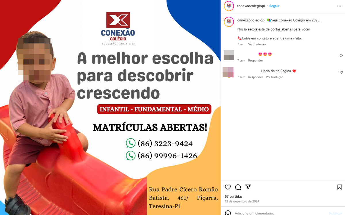 Postagem do colégio sobre as matrículas