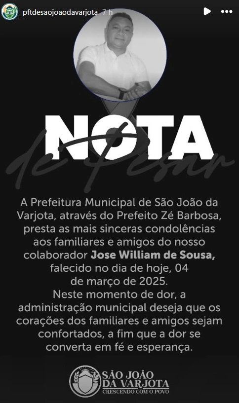 Nota de pesar da Prefeitura de São João da Varjota