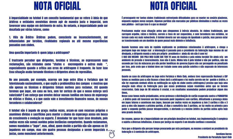 Nota do presidente do Parnahyba contra a arbitragem do Campeonato Piauiense Série A 2025